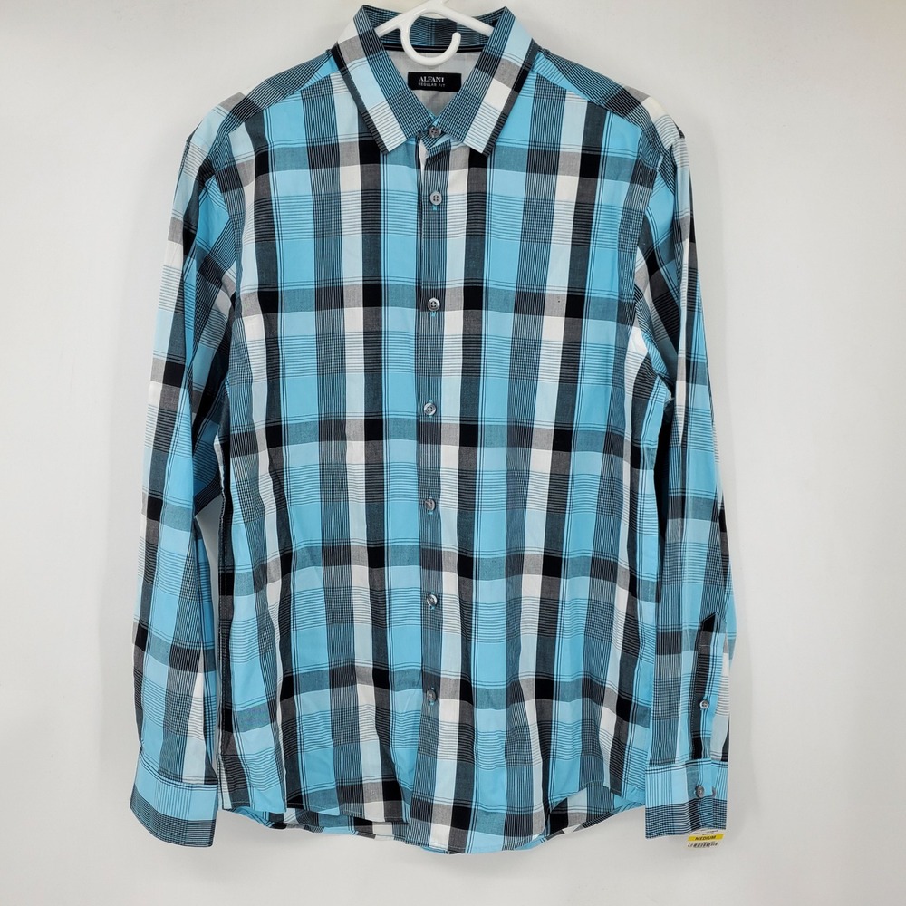 NWT Alfani Mens Regular Fit Plaid Button Down Shirt Blue Black Medium Career
